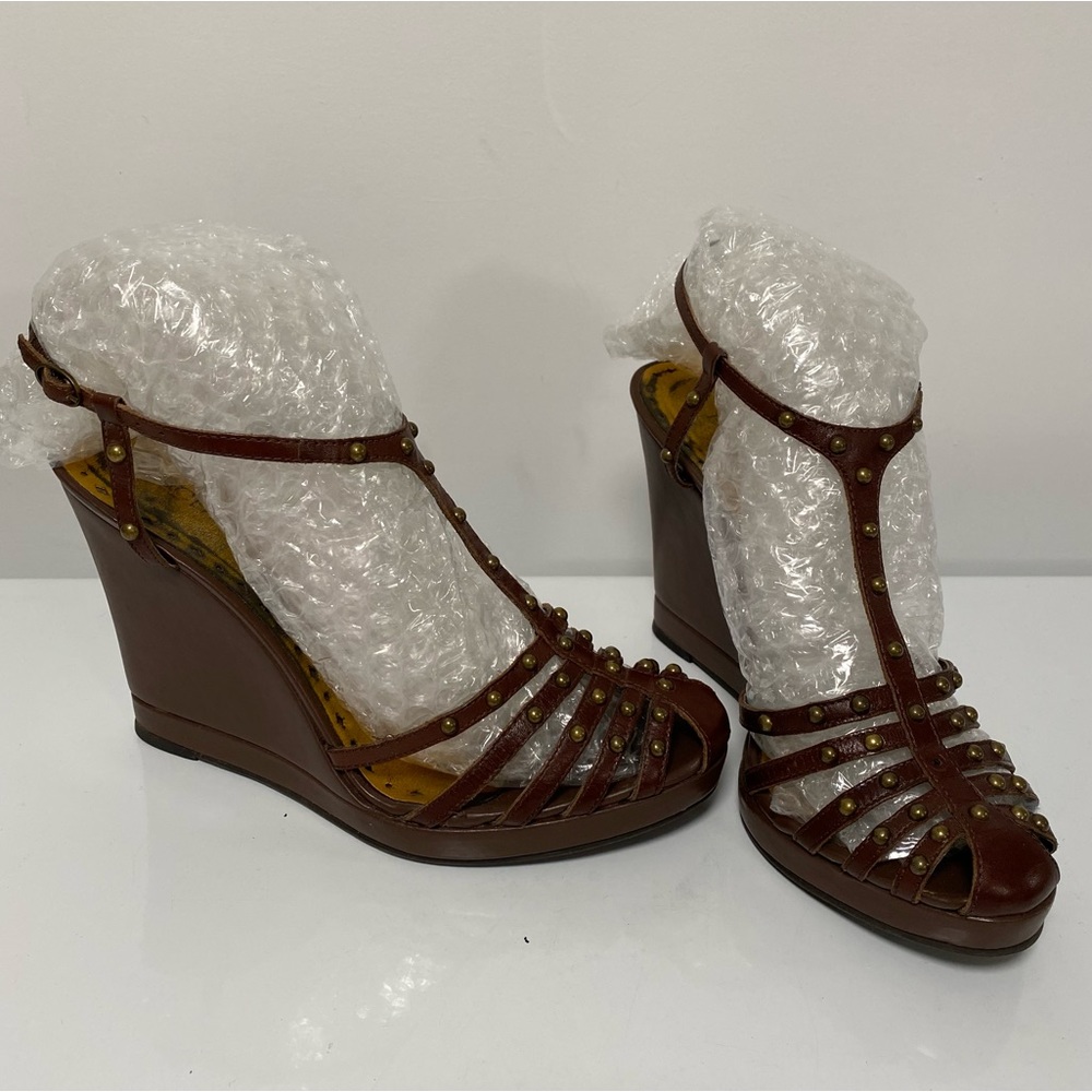 Studded brown leather platform wedges